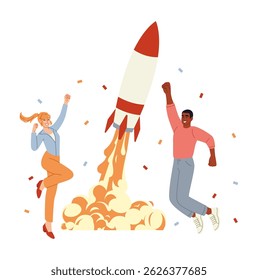 Startup people. Happy man and woman launching rocket. Business project, entrepreneur strategy and innovation. Success investment. Spaceship technology. Vector cartoon flat style isolated illustration