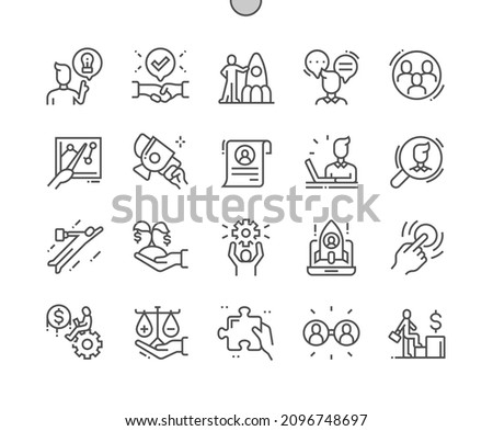 Startup people. Launch of project. Advantages and disadvantage. Key audience. Go to success. Pixel Perfect Vector Thin Line Icons. Simple Minimal Pictogram
