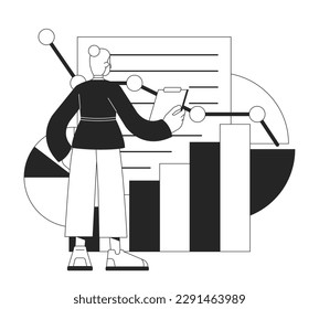 Startup performance optimization bw concept vector spot illustration. Analyst 2D cartoon flat line monochromatic character for web UI design. Editable hero image for landing page, mobile header