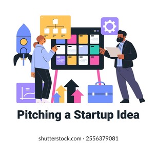 Startup pitch meeting teamwork planning strategy diverse professionals colorful icons modern design business presentation concept