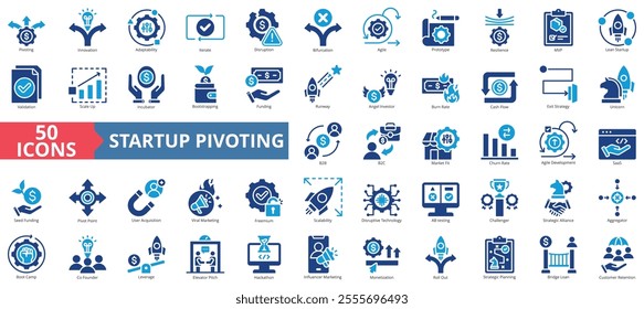 Startup pivoting icon collection set. Containing innovation, adaptability, iterate, disruption, bifurcation, agile icon. Simple flat vector.