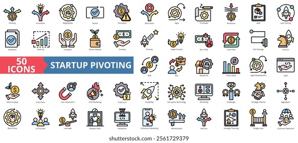 Startup pivoting icon collection set. Containing innovation, adaptability, iterate, disruption, bifurcation, agile icon. Simple flat outline vector illustration