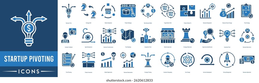 Ícone de pivotante de inicialização definido. Pivô de negócios, mudança de estratégia, adaptação ao mercado, reformulação de produtos, novo modelo de negócios, mudança de mercado-alvo e adequação ao mercado-produto