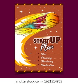 Startup Plan Business Advertising Banner Vector. Idea And Planning, Marketing And Startup Realization. Flying Asteroid Celestial Body And Stars. Comet Meteor Hand Drawn In Vintage Style Illustration
