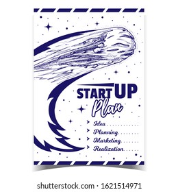 Startup Plan Business Advertising Banner Vector. Idea And Planning, Marketing And Startup Realization. Flying Asteroid Celestial Body And Stars. Comet Meteor Hand Drawn Monochrome llustration