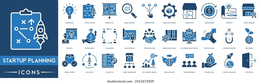 Colección de iconos de esquema de planeación de inicio. Thin Line Set contiene iconos como Idea de negocio, Estrategia de inicio, Plan de negocio e Investigación de mercado