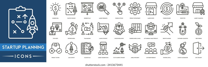 Startup Planning Outline Icon Collection. Thin Line Set contains such Icons as Business Idea, Startup Strategy, Business Plan and Market Research