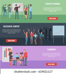 Startup planning, success and teamwork information on internet page. Instruction for people who work on business project vector illustration. Read more about each startup issue to get progress.