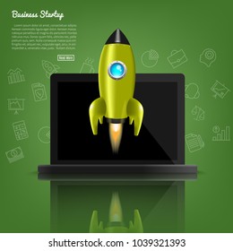 Startup Poster. Green Rocket. Vector illustration