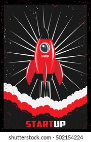 Startup poster with red rocket and many smoke on the black background. Vector Illustration