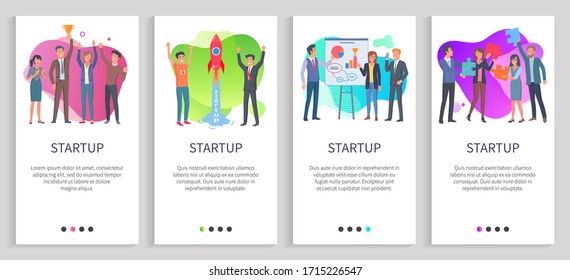 Startup presentation of businessman vector, person with partners on meeting, gathering of entrepreneurs, male with prize achievement of team. Website or slider app, landing page flat style