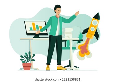 Startup presentation concept with people scene in the flat cartoon design. A businessman presents his business idea for development. Vector illustration.