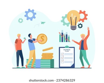 Startup presentation to potential investors vector illustration. Businessman sharing business plan and ideas, happy men funding project and investing money. Finance, investment concept