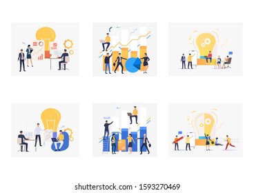 Startup presentation set. Business leaders presenting diagrams and reports near lightbulbs. Flat vector illustrations. Project launch, new idea concept for banner, website design or landing web page