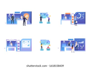 Startup presentation set. Businesspeople analyzing reports and virtual infographics . Flat vector illustrations. Business, technology, analysis concept for banner, website design or landing web page