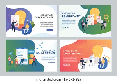 Startup presentation set. Managers presenting diagrams, internet store customers buying online. Flat vector illustrations. Business concept for banner, website design or landing web page