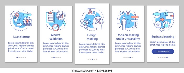 Startup principles onboarding mobile app page screen with linear concepts. Building business walkthrough steps graphic instructions. UX, UI, GUI vector template with illustrations