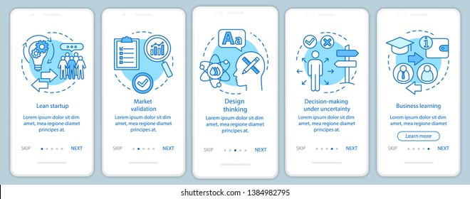 Startup principles onboarding mobile app page screen with linear concepts. Building business walkthrough steps graphic instructions. UX, UI, GUI vector template with illustrations