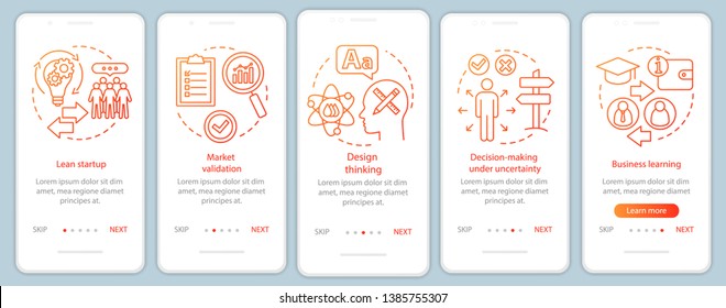 Startup principles onboarding mobile app page screen with linear concepts. Building business walkthrough steps graphic instructions. UX, UI, GUI vector template with illustrations