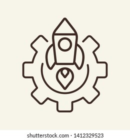 Startup process line icon. Rocket, takeoff, gear, cog. Start concept. Vector illustration can be used for topics like business, technology, innovation, launch
