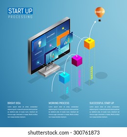 Star-tup process step by step. Modern isometric infographic technology online application internet successful business concept. Balloon flying to success. Vectro illustration