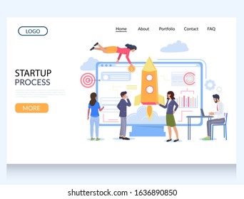 Startup process vector website template, web page and landing page design for website and mobile site development. New project launch, teamwork.