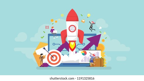 Startup Product Launch Tiny People Character Concept Vector Illustration, Suitable For Wallpaper, Banner, Background, Card, Book Illustration, And Web Landing Page