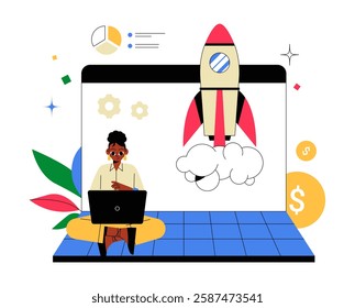 Startup Profit With Businesswoman And Rocket Launch On Screen In Flat Vector Illustration Symbolizing Business Growth, Success, And Entrepreneurship, Isolated On White Background