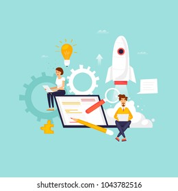 Startup, programmer, business project, idea, project management. Flat design vector illustration.
