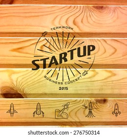 Startup project badges logos and labels for any use, on wooden texture