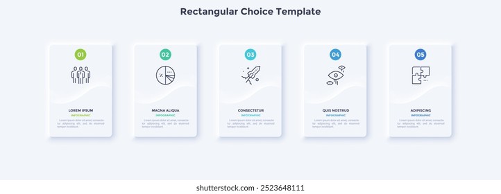 Startup project boosting research rectangular choice infographic chart design template. Business success infochart with icons. Instructional graphics with 5 options. Visual data presentation