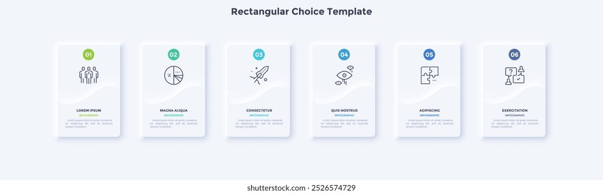 Startup project boosting research rectangular choice infographic chart design template. Business success infochart with icons. Instructional graphics with 6 options. Visual data presentation