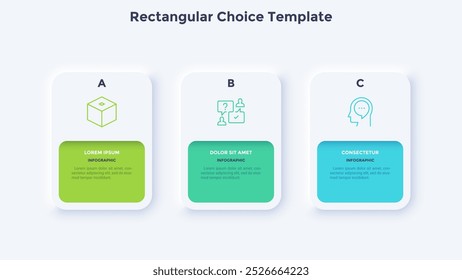 Projeto de inicialização impulsionando pesquisa de escolha retangular infográfico modelo de design gráfico. Infográfico de sucesso empresarial com ícones. Gráficos de instrução com 3 opções. Apresentação de dados visuais
