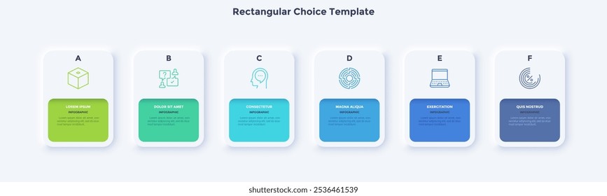 Startup project boosting research rectangular choice infographic chart design template. Business success infochart with icons. Instructional graphics with 6 options. Visual data presentation