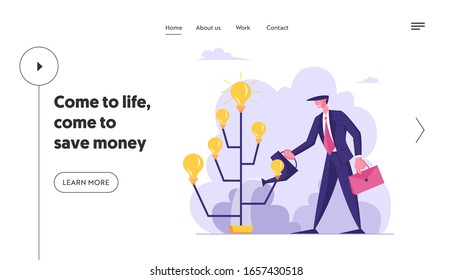 Startup Project Bringing Financial Money Success Website Landing Page. Creative Businessman Watering Idea Tree with Glowing Light Bulbs on Branches Web Page Banner. Cartoon Flat Vector Illustration