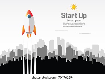 Startup project concept. Business flat design with City building silhouette. Vector illustration