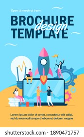 Startup project concept. Business team working on new idea, launching rocket from laptop, celebrating successful start. Vector illustration for teamwork, entrepreneurship, innovation concept