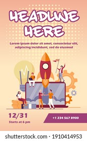 Startup project concept. Business team working on new idea, launching rocket from laptop, celebrating successful start. Vector illustration for teamwork, entrepreneurship, innovation concept