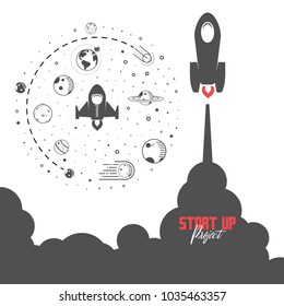 Startup project concept. Flat design missile and planets in space, to develop your business