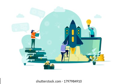 Startup project concept in flat style. Team of startup founders launching new project scene. Innovation solution development web banner. Vector illustration with people characters in work situation.