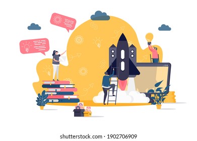 Startup project concept in flat style. Team of startup founders launching new project scene. Innovation solution development web banner. Vector illustration with people characters in work situation.