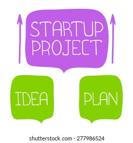 Startup project concept. Hand drawn color Vector speech bubble with idea, plan text.