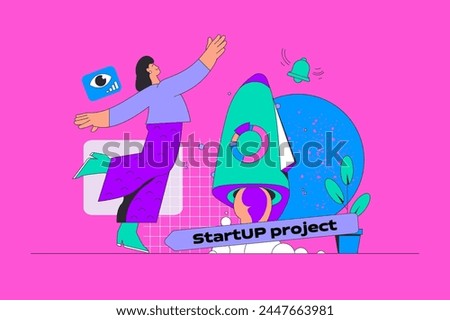 Startup project concept in modern flat design for web. Woman entrepreneur creating and launching new business, investing in company. Vector illustration for social media banner, marketing material.