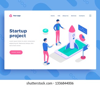 Startup project concept, office people interact with rocket. Landing page template. 3d isometric vector illustration.