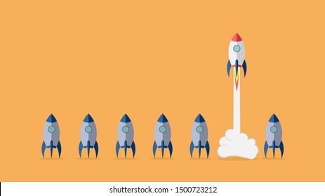 Startup project concept with rocket launch. Vector illustration.