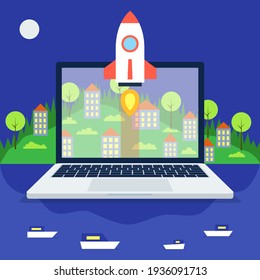 Startup project concept. Rocket launch. Town, mountains, forest, lake and ships on background. Night mode.  Vector.