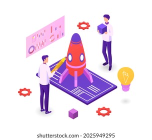 Startup project concept. Team of people preparing spaceship for launch. Metaphor for successful business opening. Cartoon contemporary isometric vector illustration isolated on white background