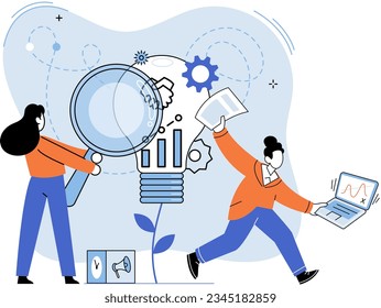 Startup project, creative new idea business concept. Team of startup founders launching new plan scene. Innovation solution development. People solving complex problems, characters in work situation