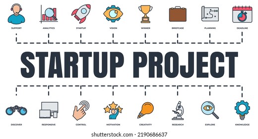 Startup project and development banner web icon set. binocular, motivation, vision, creativity, startup rocket, support, briefcase and more vector illustration concept.