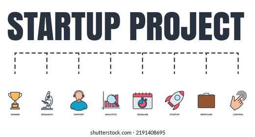 Startup project and development banner web icon set. startup rocket, support, briefcase, research microscope, winner trophy, analytics, control, deadline vector illustration concept.